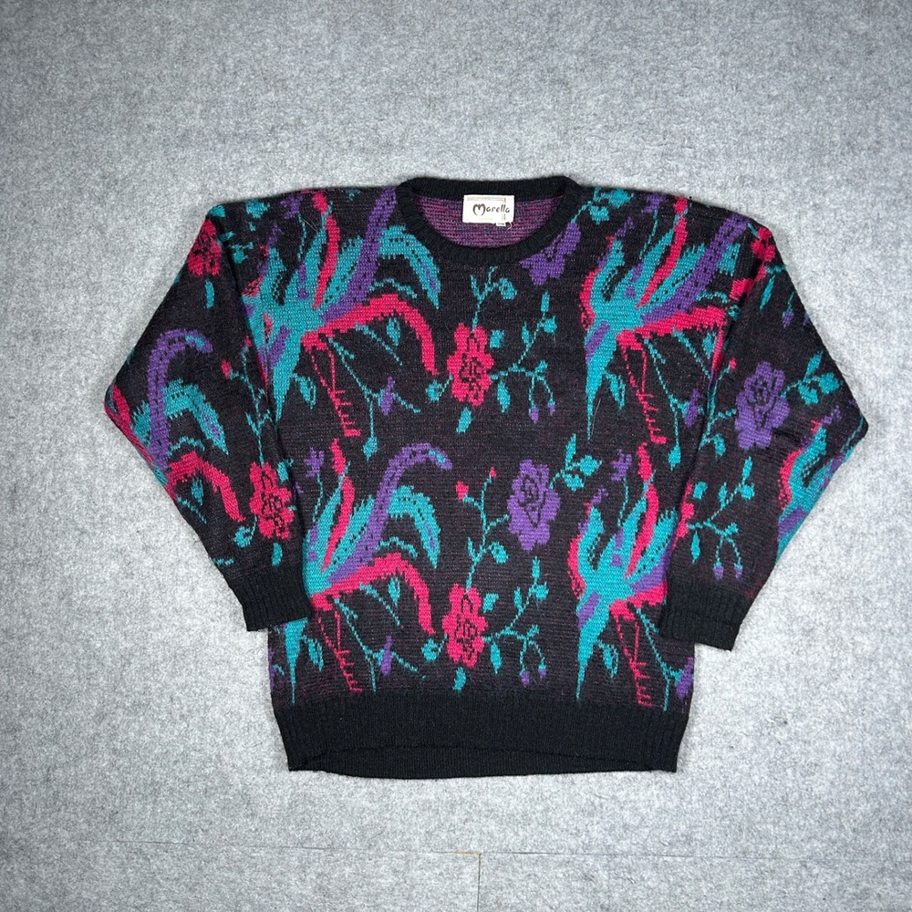 Marella Sweater Womens Large Black Floral Vintage 80s Knit Pullover Retro